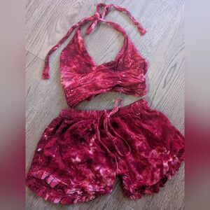 Red Tie-Dye Halter Bralette & Ruffle Shorts Festival Set
